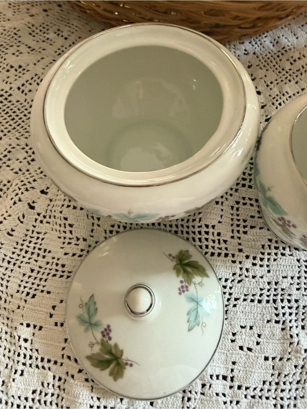 Vintage Fine China of Japan Grapevine Sugar Bowl & Creamer Set 6701 Platinum